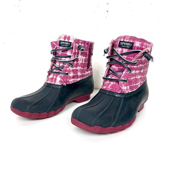 Sperry Saltwater Kids Duck Boots Lace Up & Zip Closure Tie Dye Pink Size 1 - Picture 6 of 11